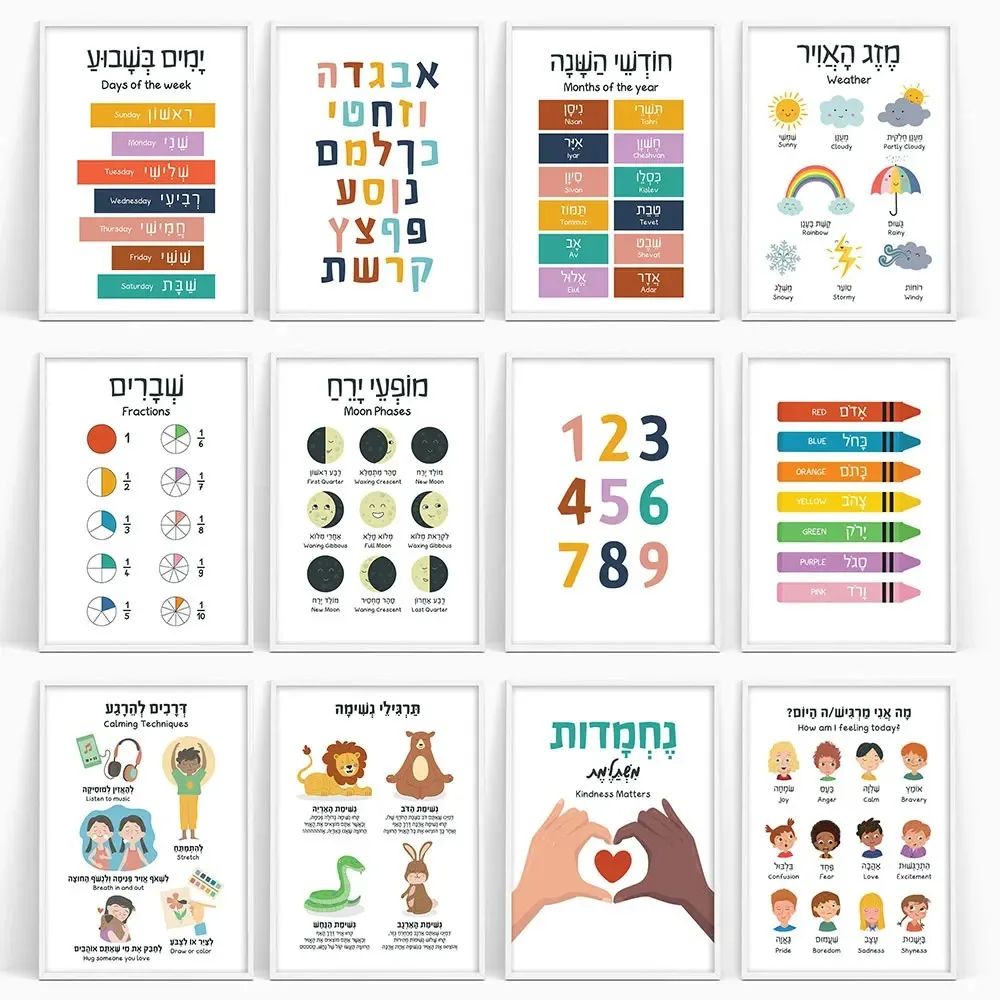 Kids Education Alphabet Numbers - قماش اللوحة العبرية الإنجليزية الملصقات التعليمية